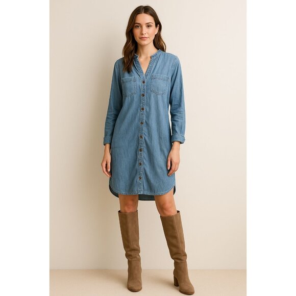 J. Jill Womens Denim Button Down Long sleeve Shirt Dress Size Medium Petite - Picture 1 of 6